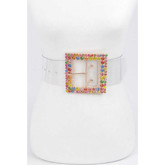 Multi-Colored Rhinestone Embellished Oversized Square Buckle Belt (Small -3X)