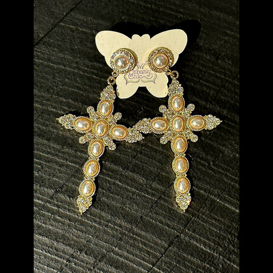 Pearl Embellished Cross Drop Earrings