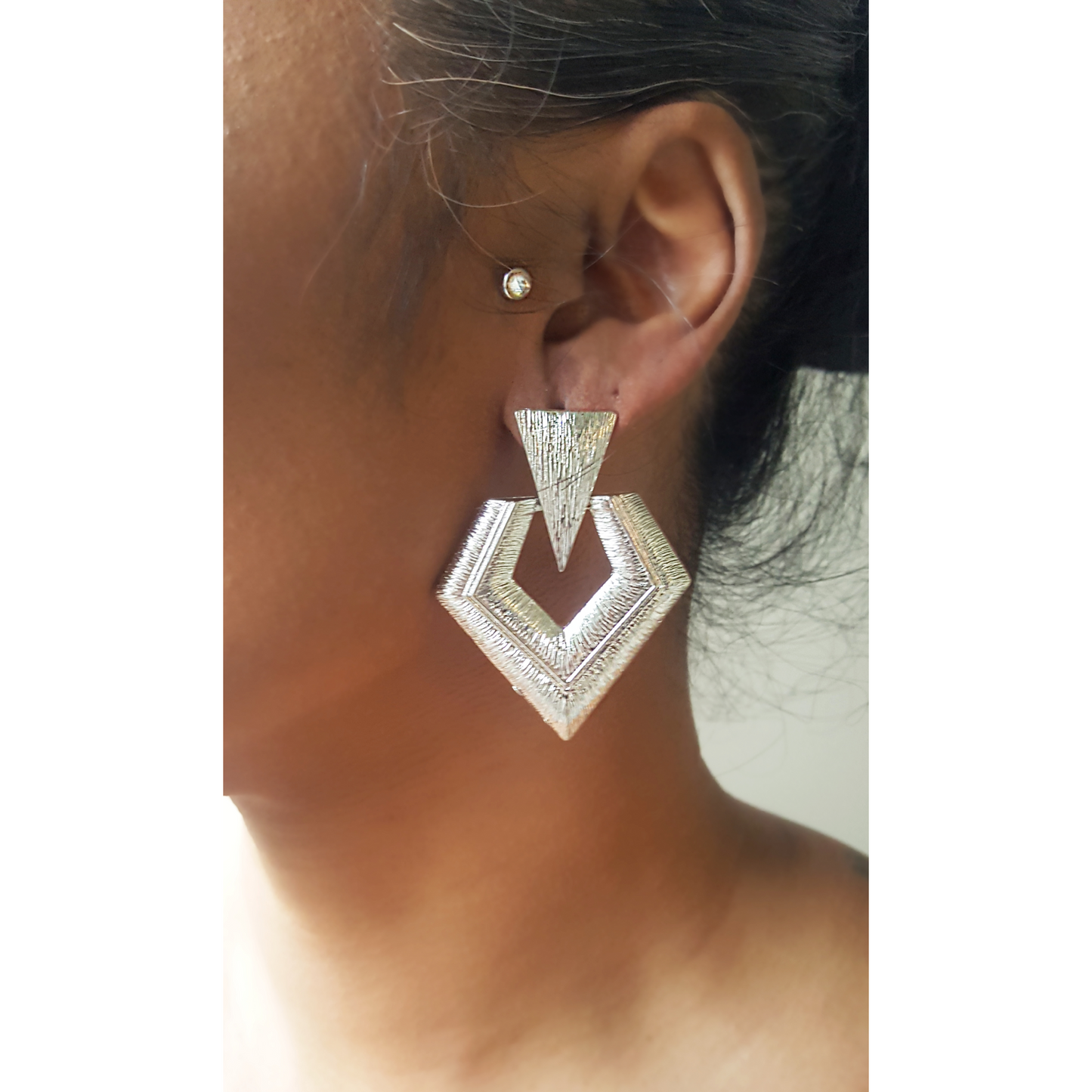 Textured Geometric Dangle Earrings (Silver)