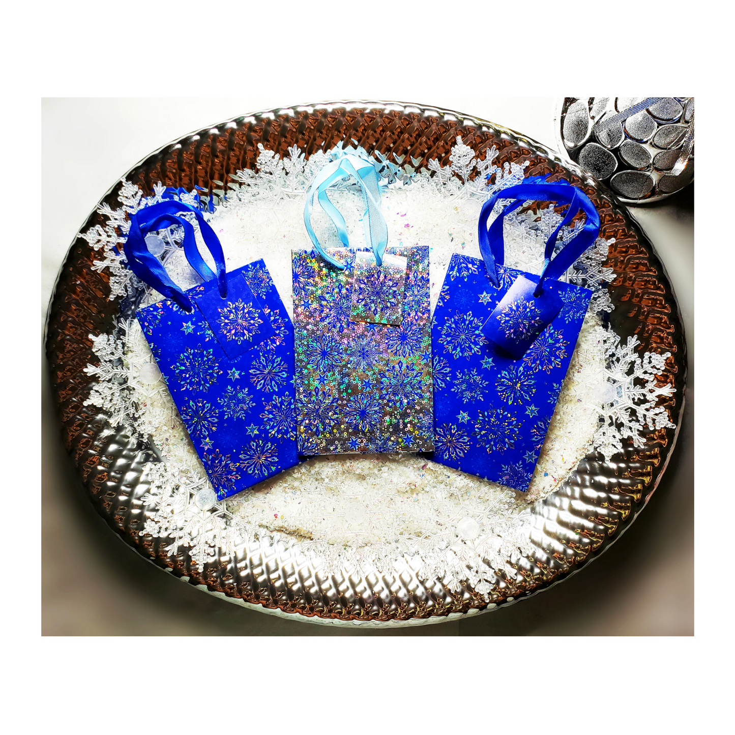 Blue Holographic Snowflake Gift Bags (Set of 3)