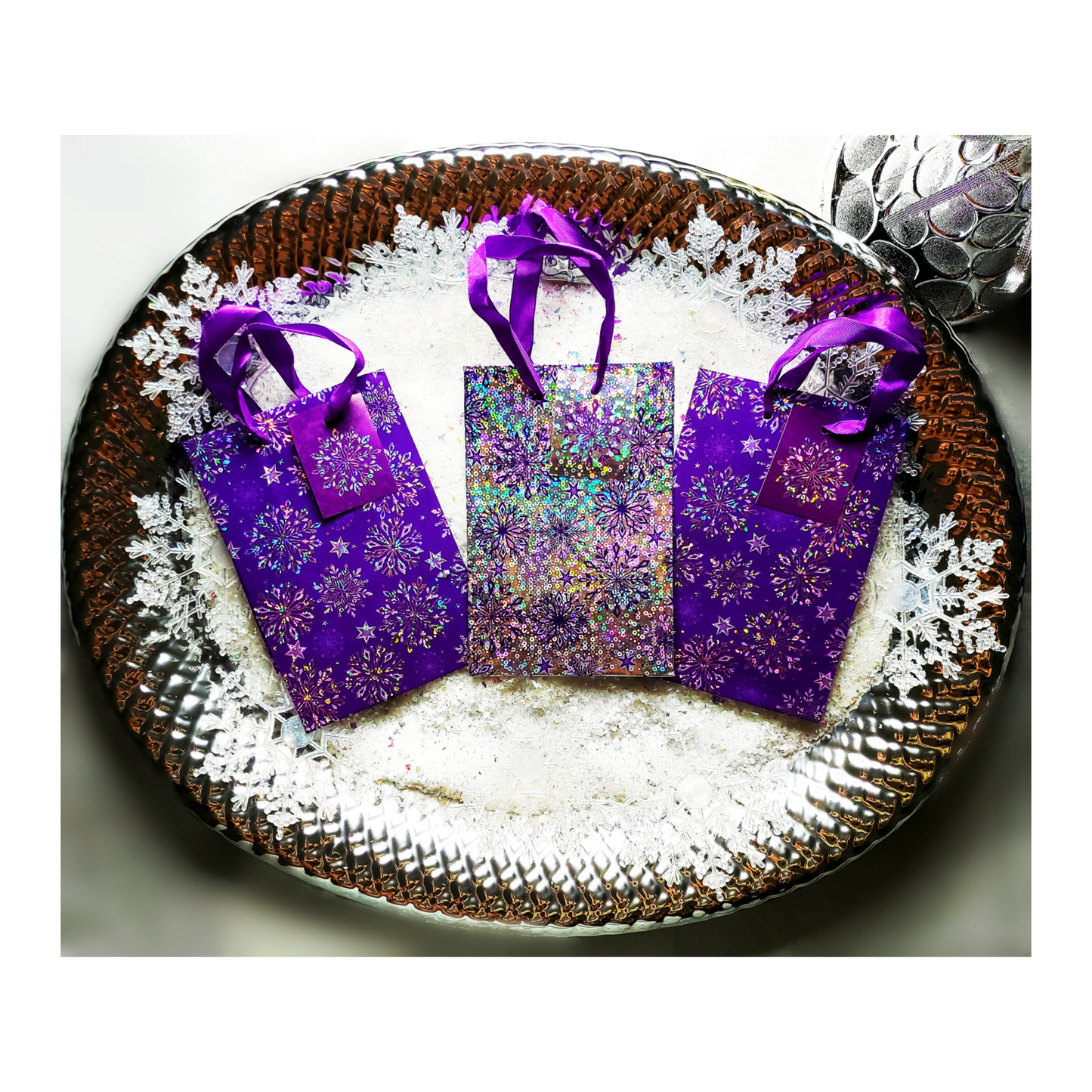 Purple Holographic Snowflake Gift Bags (Set of 3)