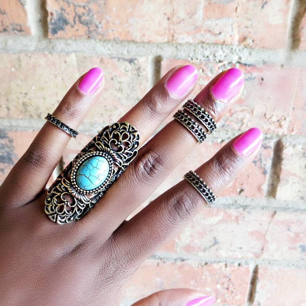Turquoise Stone & Chain Ring Set
